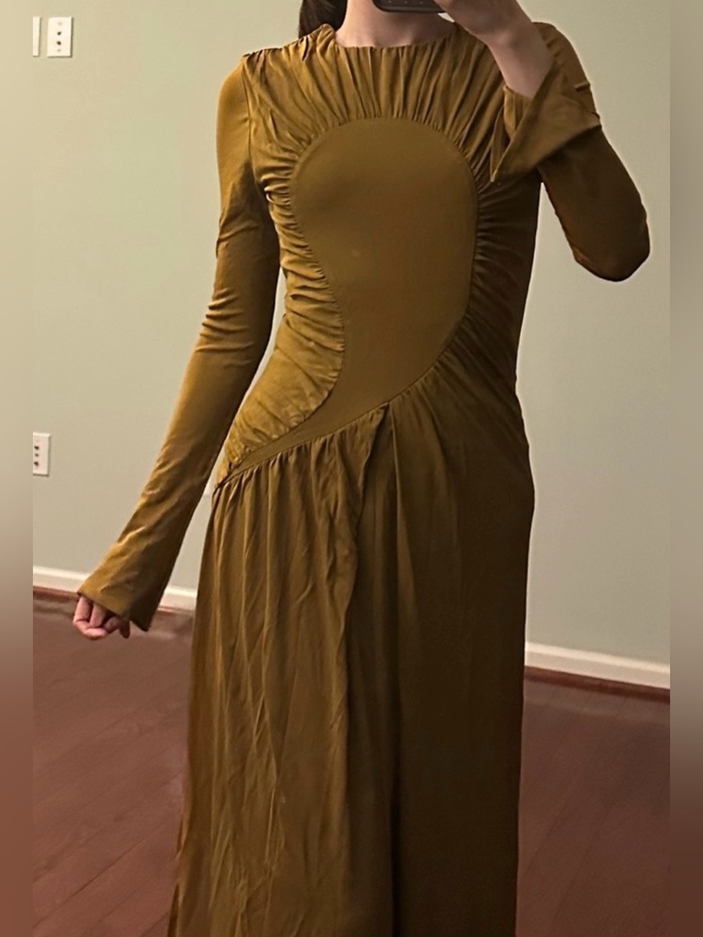 Ruched Long-Sleeve Maxi Dress in Olive